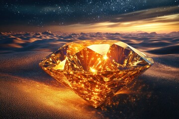 Obraz premium Large golden diamond in desert sunset. Ideal for luxury, wealth, and success concepts.