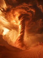 Under the sunset, an orange red tornado swept over the tranquil sand dunes