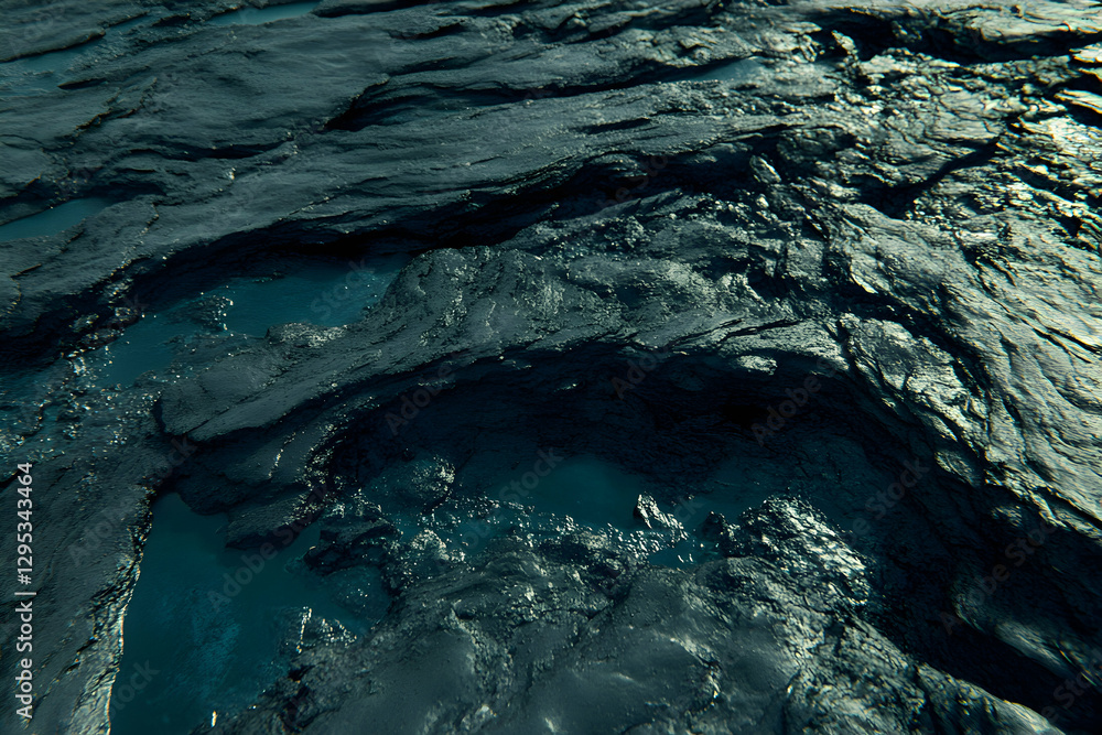 Poster dark, textured rock surface with deep crevices and pools of teal water; abstract background image.