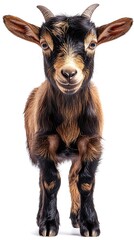 Fototapeta premium Adorable brown and black goat is looking straight at the viewer