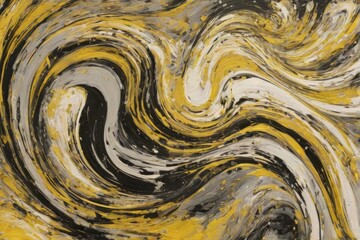 Dynamic Swirl Pattern on Black Background with Yellow, White, and Gray Colors, Evoking Movement and Energy in Abstract Painting.