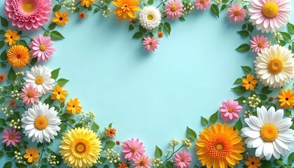 Heart-Shaped Floral Arrangement with Vibrant Daisies and Sunflowers on a Light Blue Background
