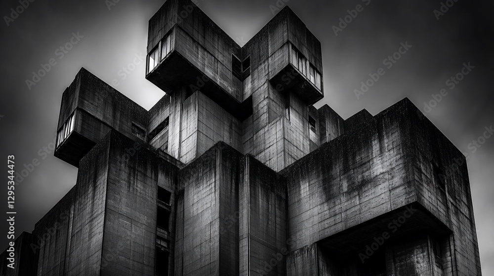 Poster monochromatic brutalist architecture concrete building with sharp edges and overcast sky