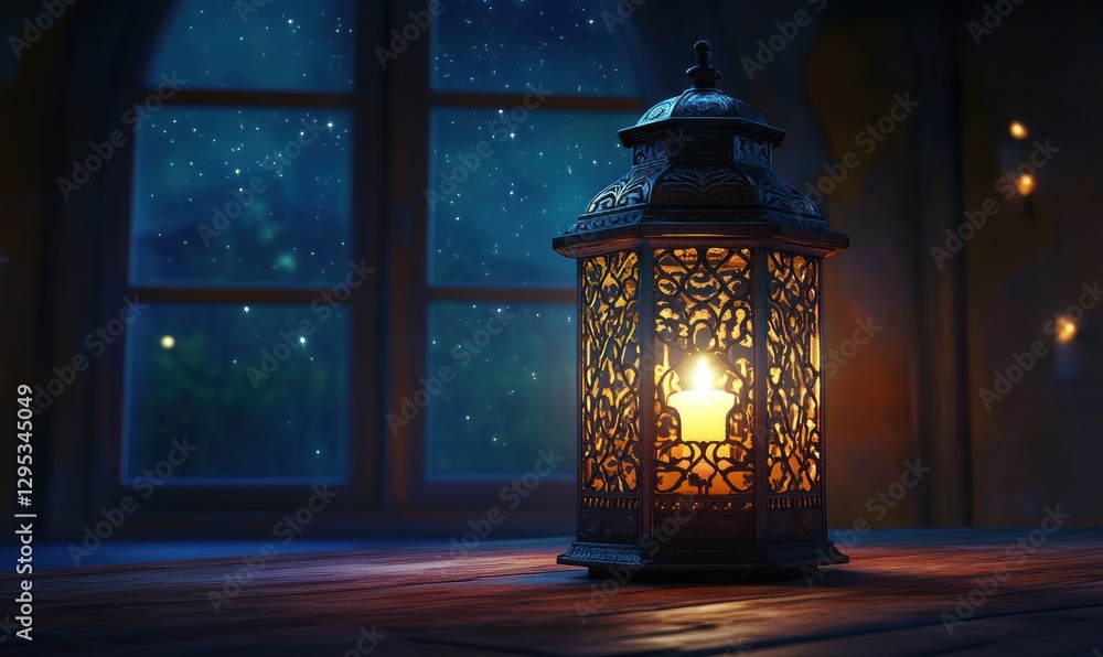 Aufkleber beautifully crafted lantern with intricate patterns glows softly against the dark background of an e