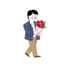色鉛筆で描いた薔薇の花束を持っている男性のイラスト