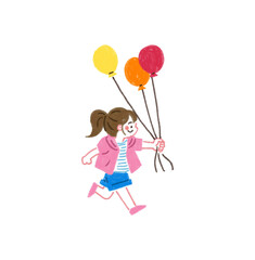  色鉛筆で描いた風船を持って走る女の子のイラスト