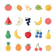 Colorful Cartoon Fruit and Vegetable Icons Arranged in Grid Layout with 16 Different Items on White Background