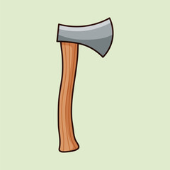 Gray axe with brown handle. Cartoon isolated vector illustration on green background