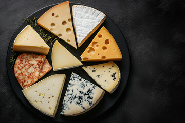 Elegant Cheese Board Selection on Dark Backdrop, A Culinary Symphony of Flavors and Textures Ready for a Gourmet Dining Experience or Culinary Project