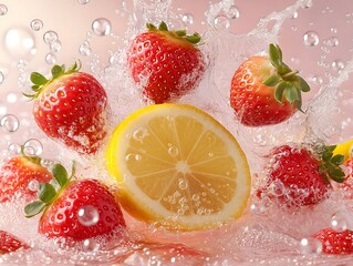 Refreshing Summer Splash: Juicy Strawberries & Sliced Lemon in Fizzy Water - Fresh & Healthy Fruit Photography