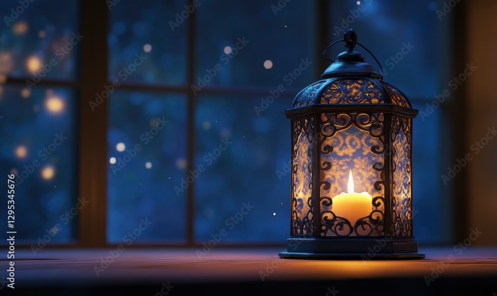 Aufkleber beautifully crafted lantern with intricate patterns glows softly against the dark background of an e