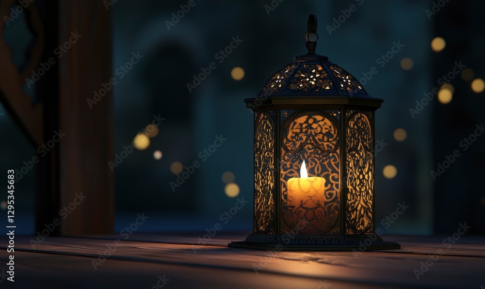Aufkleber beautifully crafted lantern with intricate patterns glows softly against the dark background of an e
