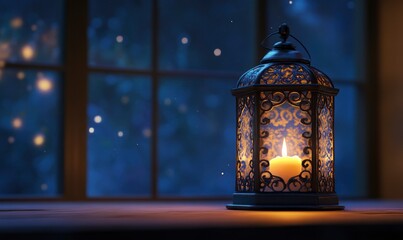 beautifully crafted lantern with intricate patterns glows softly against the dark background of an empty wooden table