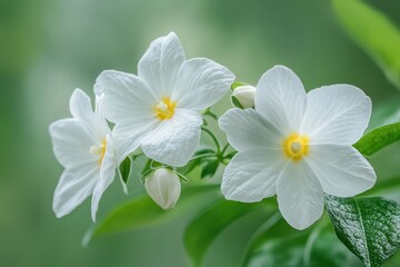 Close-up of three delicate white flowers with yellow centers, budding blossoms and green leaves. Perfect for themes of purity, peace, or natural beauty.