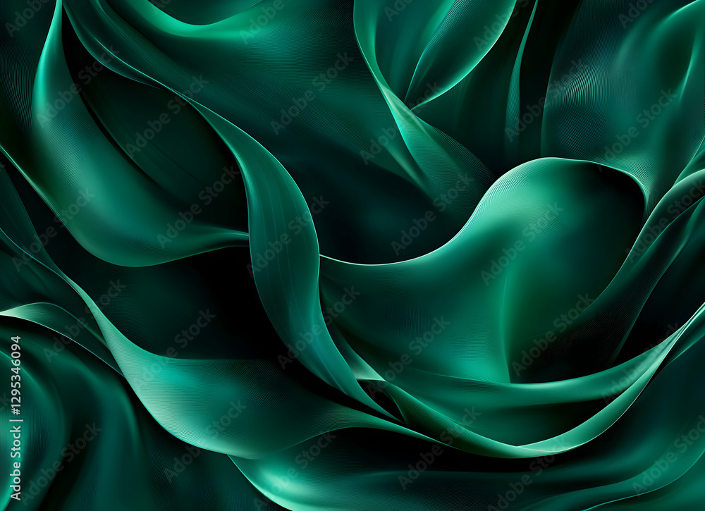 Poster elegant emerald waves, a mesmerizing dance of light and shadow in fluid forms, evoking serenity and 