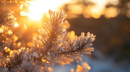 43. A frozen pine tree silhouetted against a bright winter sunset, with ice crystals catching the golden light