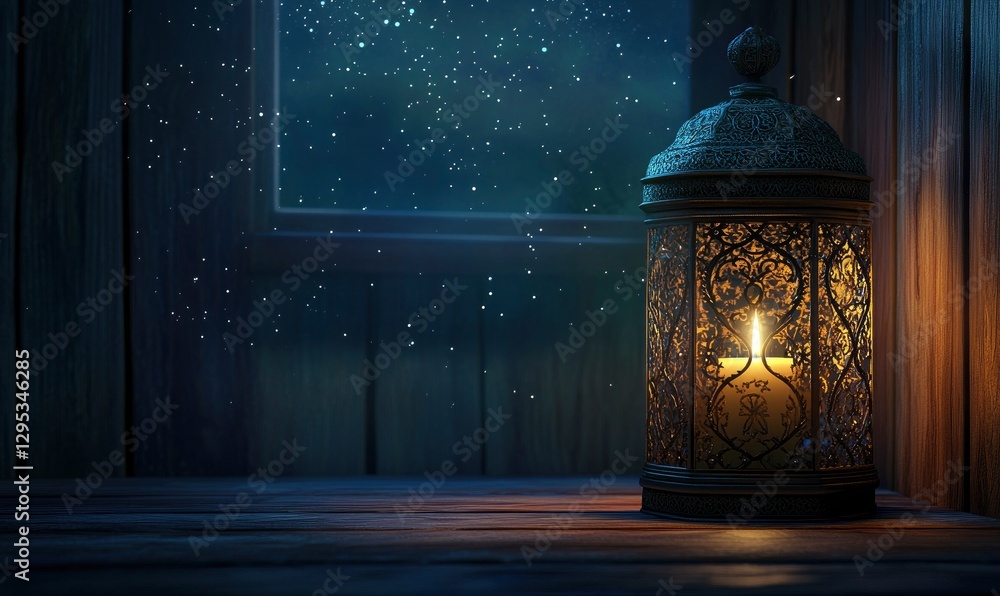 Aufkleber beautifully crafted lantern with intricate patterns glows softly against the dark background of an e