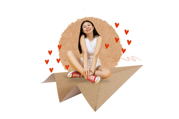 PNG, collage poster, girl sitting on a paper airplane, isolated on white background.