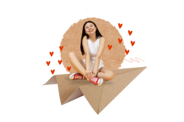 PNG, collage poster, girl sitting on a paper airplane, isolated on white background.