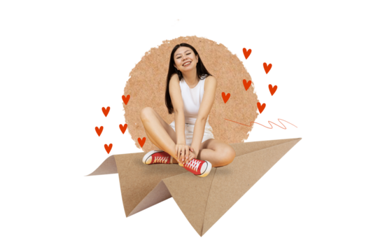 PNG, collage poster, girl sitting on a paper airplane, isolated on white background. - Powered by Adobe