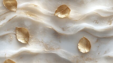 A luxurious design featuring abstract birch leaves, gold and white tones blending seamlessly, bark-like textures with intricate detailing, soft light creating depth and a polished aesthetic,