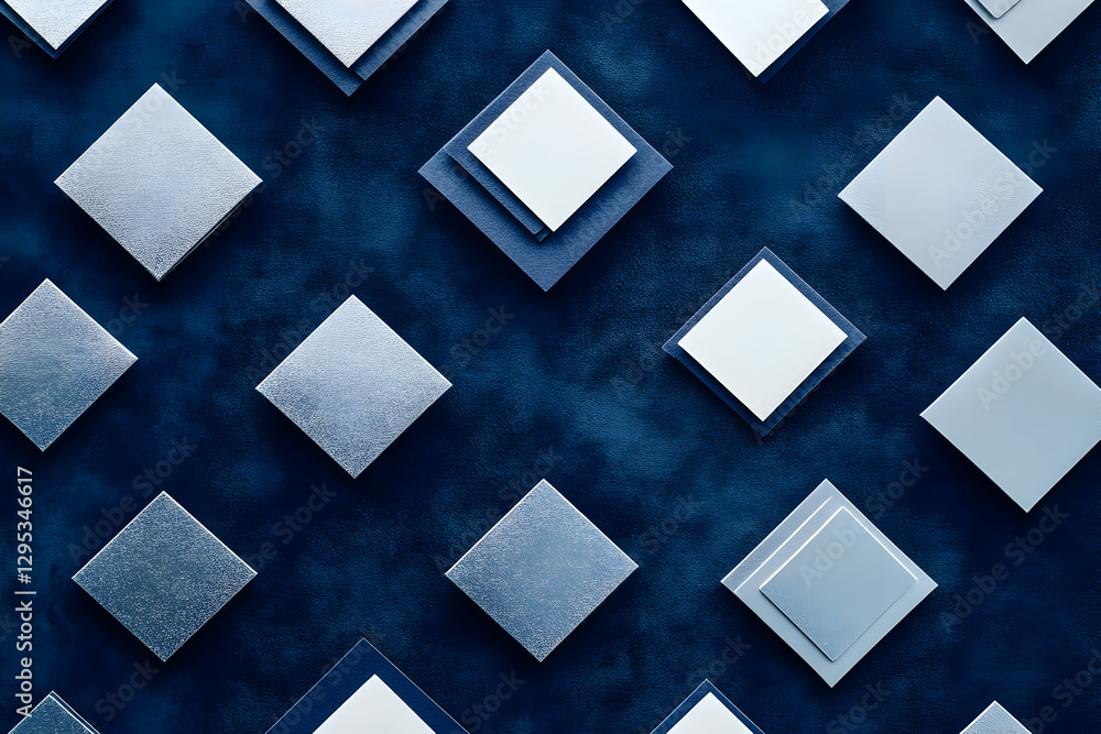 Poster elegant geometric pattern with layered squares in silver, white, and navy blue creating a modern and