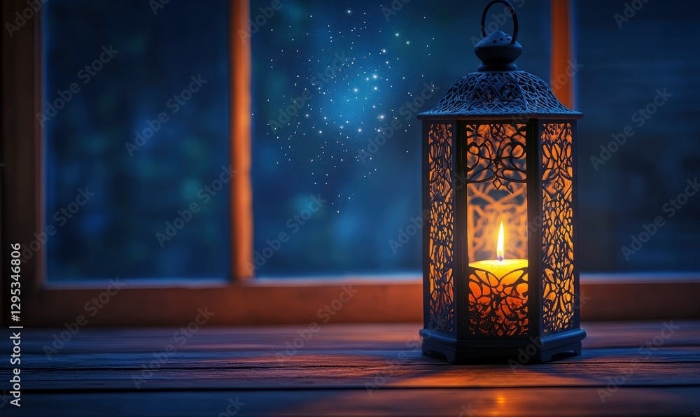 Aufkleber beautifully crafted lantern with intricate patterns glows softly against the dark background of an e