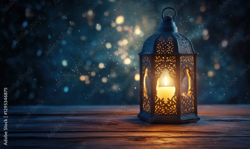 Aufkleber beautifully crafted lantern with intricate patterns glows softly against the dark background of an e