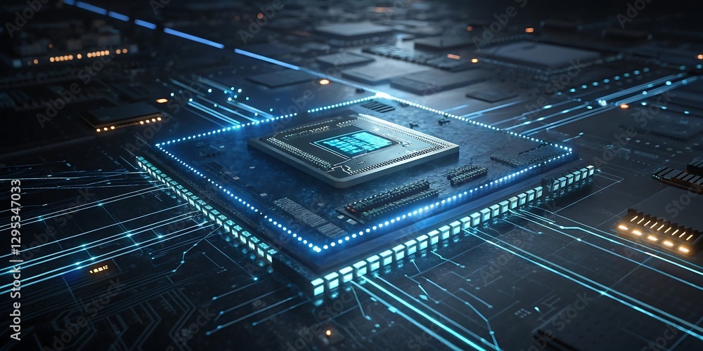 Poster close up of a computer processor with glowing circuits.