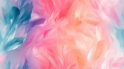 A mesmerizing oil-painted background of colorful whimsical leaves, swirling patterns of pink, mint green, lavender, and sky blue, soft brush strokes creating a fluid, magical atmosphere,
