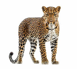 Naklejka premium Elegant Leopard Portrait on White Background, A Detailed Close-Up of a Captive African Leopard Showcasing its Striking Coat and Intense Gaze against a Clean Backdrop
