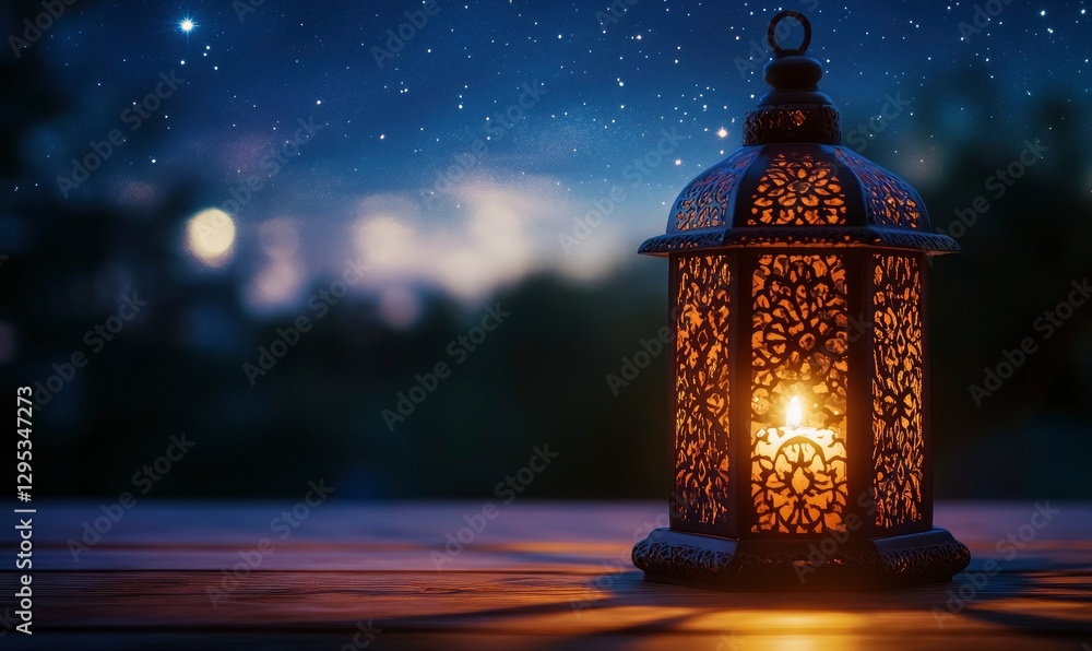 Aufkleber beautifully crafted lantern with intricate patterns glows softly against the dark background of an e