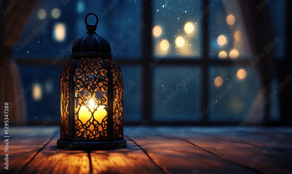 Aufkleber beautifully crafted lantern with intricate patterns glows softly against the dark background of an e