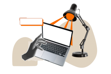 PNG, Poster Collage, laptop with desk lamp and hand, with space for text, isolated on white background.