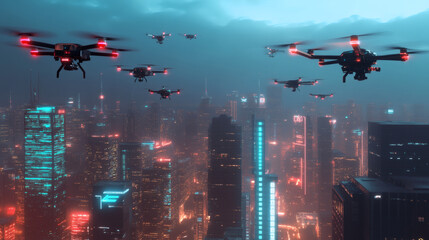 Autonomous Drones Flying Over a Modern Metropolis with Glowing Skyline