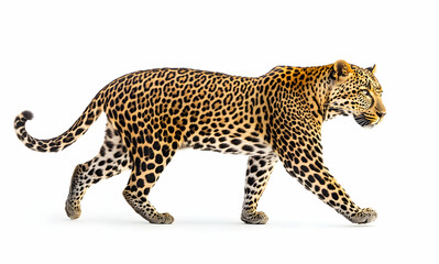 Fototapeta premium Elegant Leopard Striding Confidently on White Backdrop, Showcasing its Distinctive Spots and Graceful Movement, Ideal for Wildlife and Conservation Themes