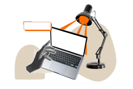 PNG, Poster Collage, laptop with desk lamp and hand, with space for text, isolated on white background.