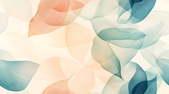 A minimalist design featuring pastel leaves, pale tones of sage green, blush, and sky blue, flowing abstractly with soft light and subtle textures, evoking a calming and artistic mood.