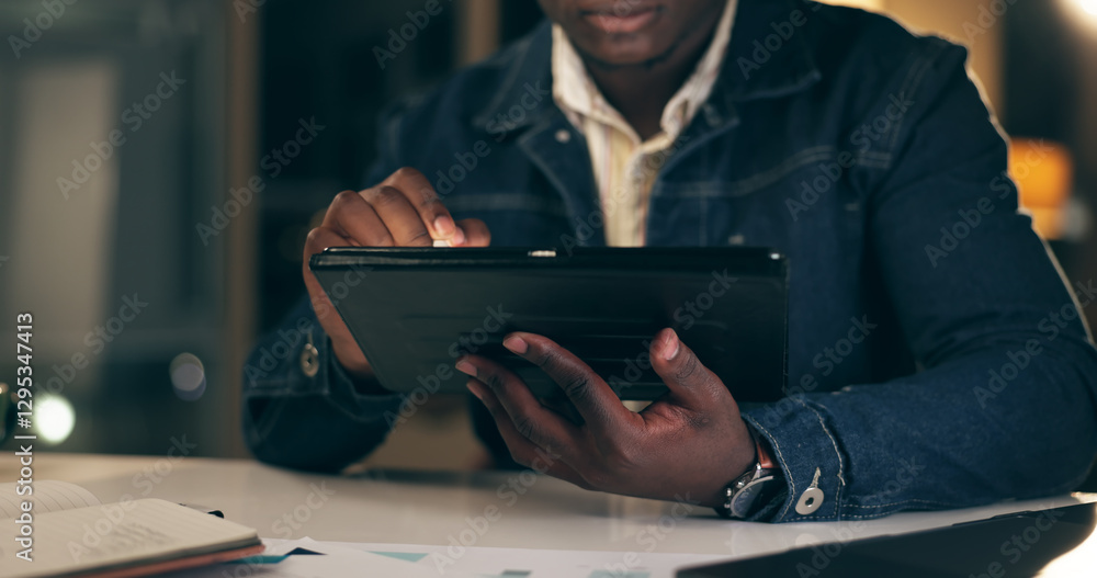 Aufkleber Black man, tablet and working at night in office with business analytics for company with stylus. Trading, planning or finance with broker for overtime on internet or searching app with trader.