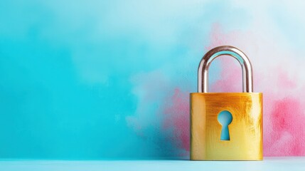 Fototapeta premium A gold colored lock with a keyhole on it sits on a blue background