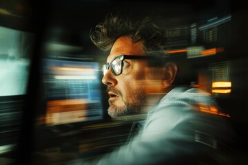 Focused man intense expression late night work computer screen data analysis financial market trading office serious