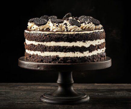Oreo cake with cookie crumble topping, rich chocolate and cream layers, pure black background, and contrast lighting on cake stand