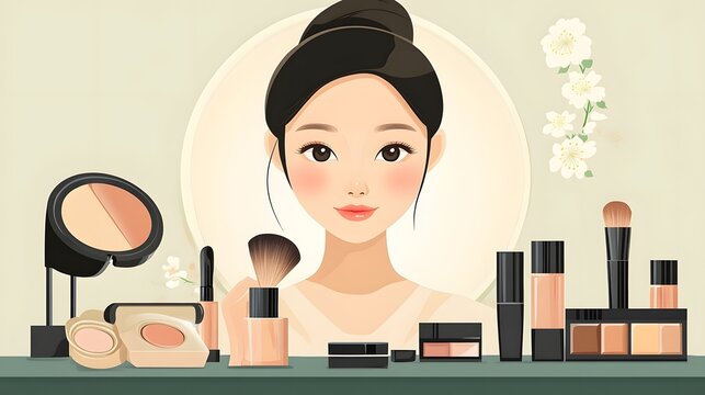 Asian girl in front of bright makeup mirror