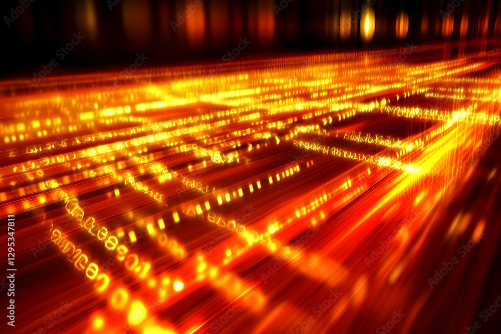 Poster abstract fiery digital data stream, glowing orange and red lines of code, high-speed internet concep