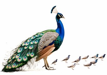 Fototapeta premium Elegant Peacock with a Vibrant Plumage and Graceful Posture Surrounded by a Flurry of Small, Agile Birds on a Pristine White Background Scene
