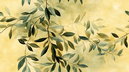 A natural composition of olive leaves, painted with delicate brush strokes in sage greens and golden hues, evoking the warmth of Mediterranean landscapes, soft,