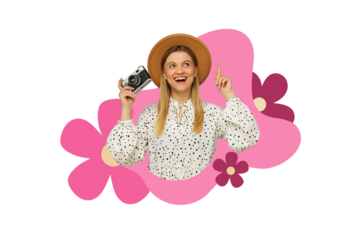 PNG, Poster Collage, girl with a camera in her hand, isolated on a white background.