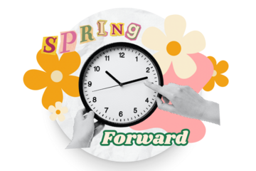 PNG, Poster Collage, clock with hands, flowers and with text, isolated on white background.