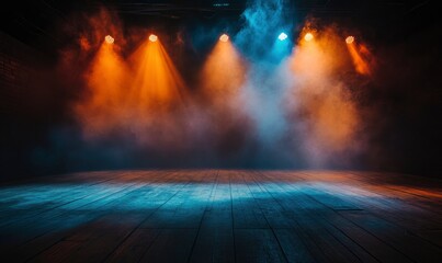 The stage is empty, with orange and blue spotlights shining on the wooden floor. There's smoke in front of it. It feels like you're watching an opera or musical