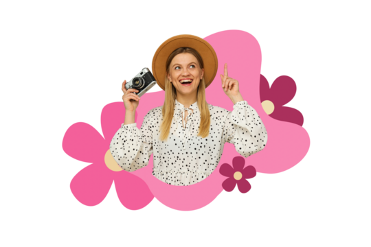 PNG, Poster Collage, girl with a camera in her hand, isolated on a white background.